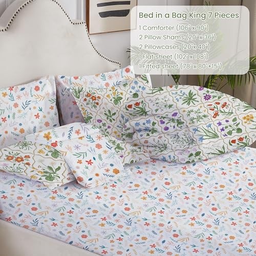 Floral Comforter Set with Sheets, 7 Piece King Flower - Green Patchwork Leaf
