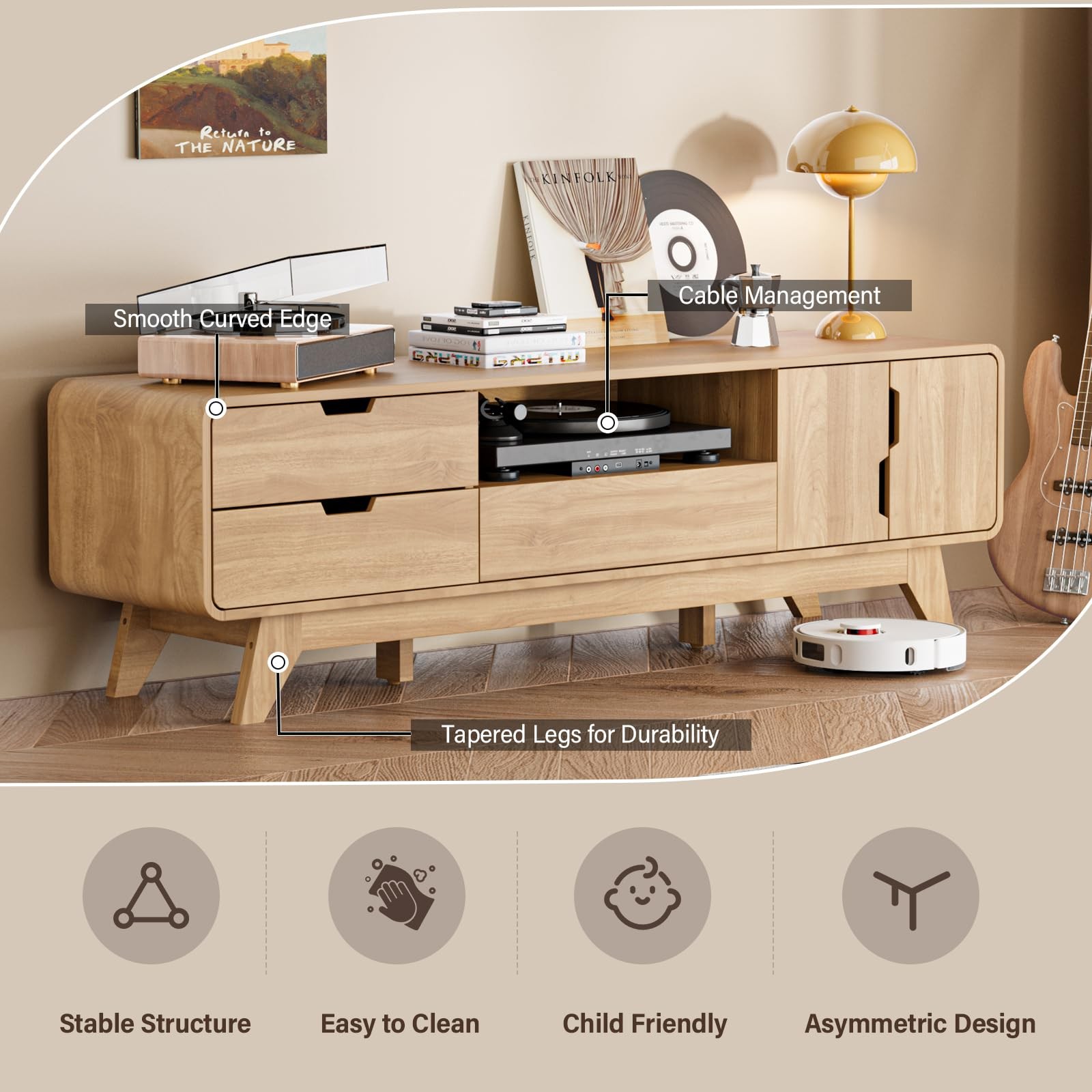 63" TV Stand, Mid Century Modern TV Stands for TVs up to 70 inch