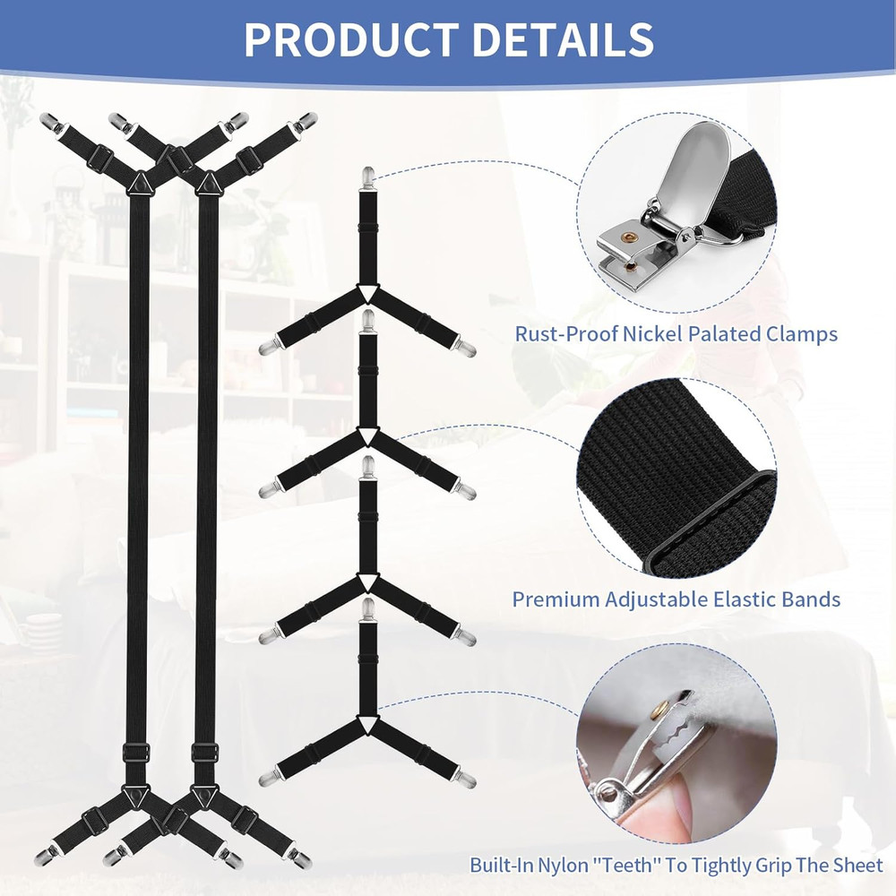 Bed Sheet Straps Adjustable 6 Pack Triangle Corner Holders Elastic Mattress Fast