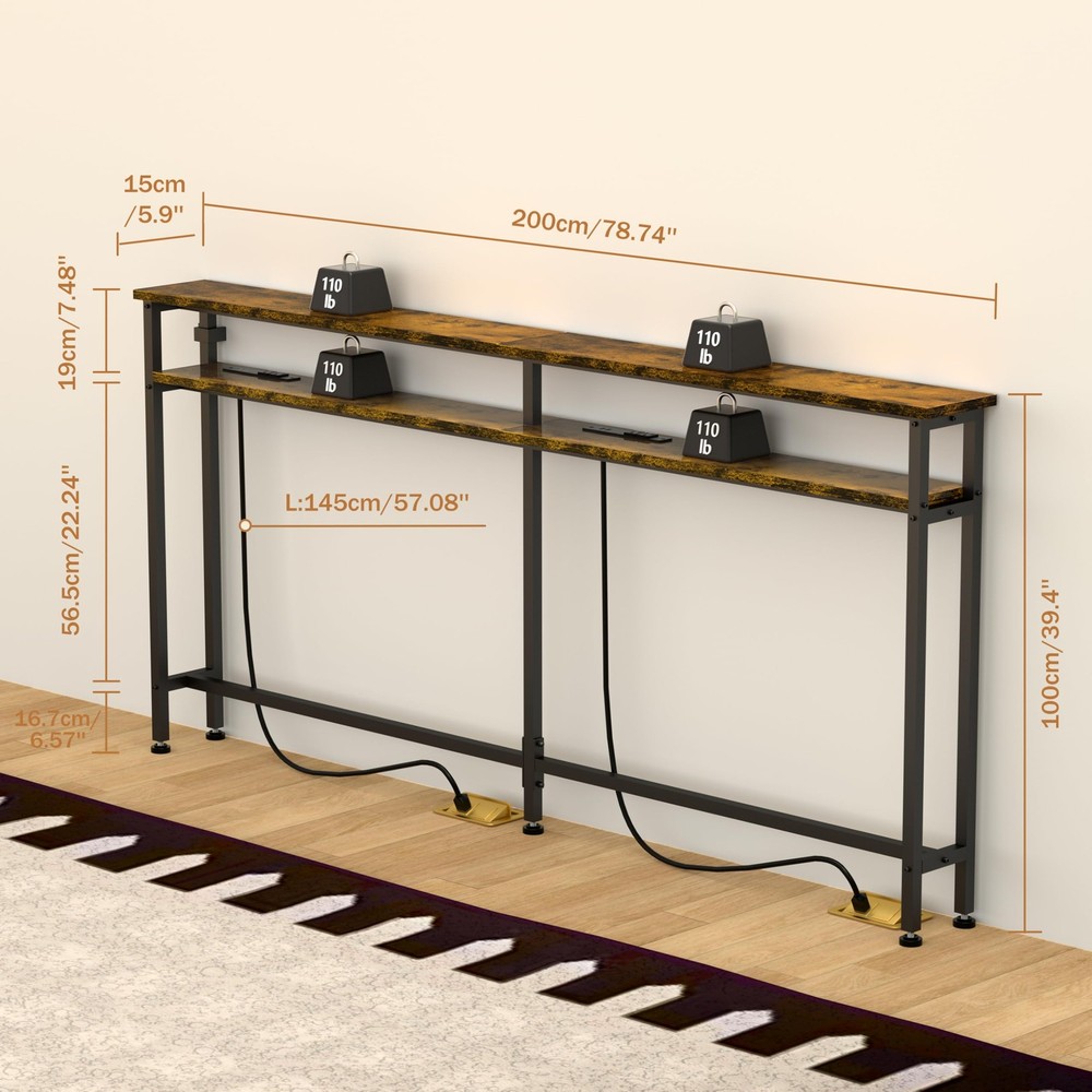 Keelian 78 Inch Double-Layer Narrow Console 78" double-deck, Rustic Brown