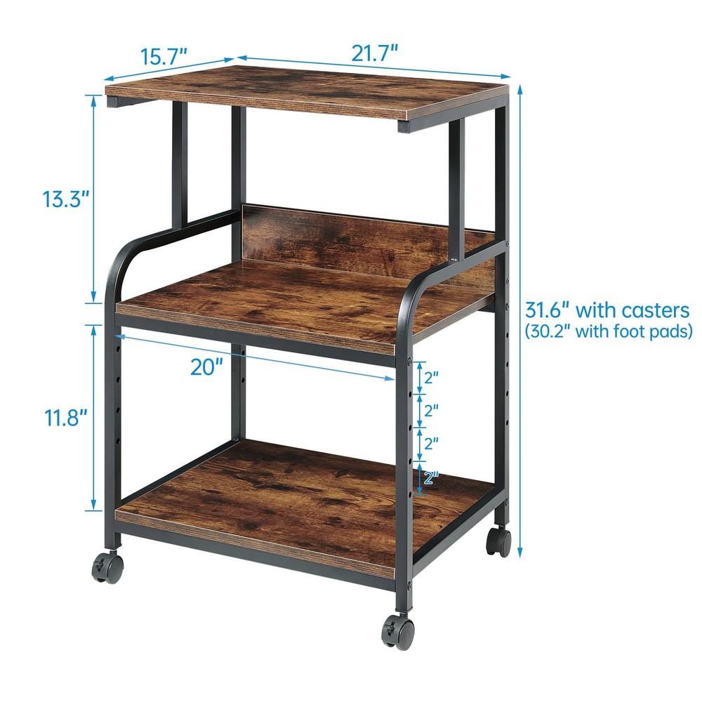 Printer Table Stand with Height Adjustable Shelf, 3 Tier Rolling Printer Cart...