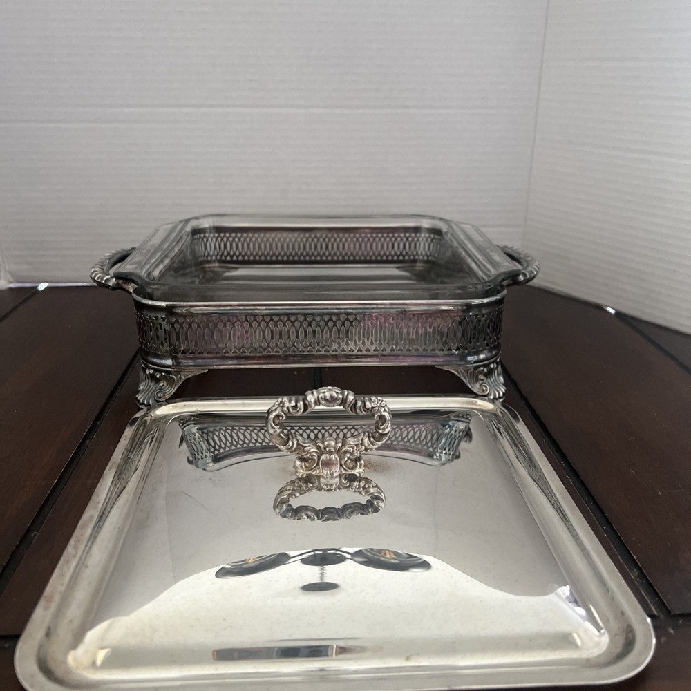 VTG Double Handle Silverplate Buffet Server w/Lid & Glass Baking Dish