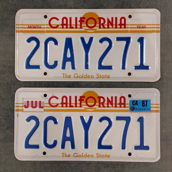 1982 - 1987 California License Plate Pair YOM Plates # 2CAY271 Sun Sunset LA LAW