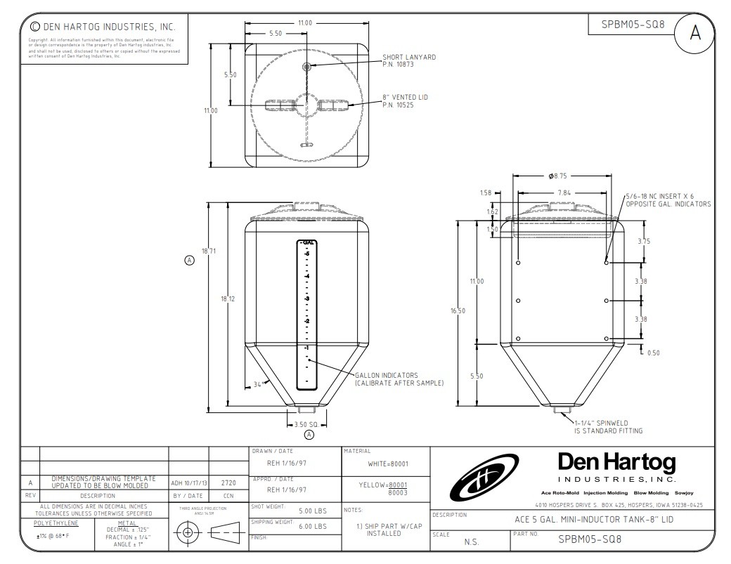 Ace Roto-Mold Blow Molded 5 Gallon Square Rinse White Tank 8" Lid - SPBM05-SQ8