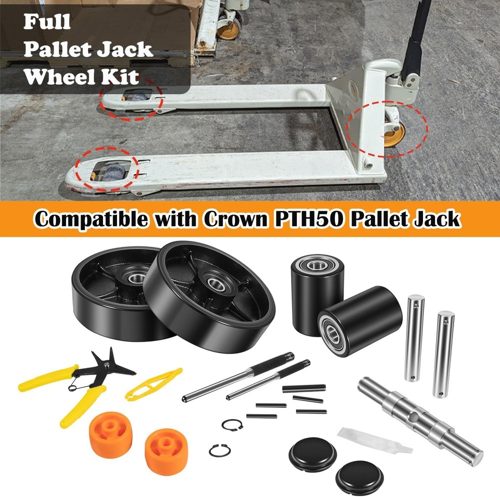PTH50 Pallet Jack Full Wheels Replacement Set with Axles, 7"x 2" Steering Wheels