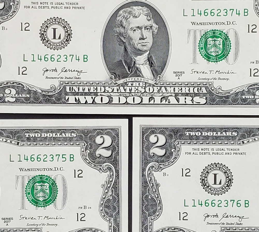 3x $2 Consecutive Notes L14662374B-376B 2017A Crisp UNC Sequential Run