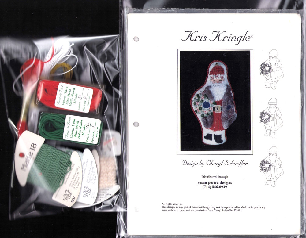Needlepoint Pattern Christmas Santa Kringle w/ Threads & Suede C. Schaeffer