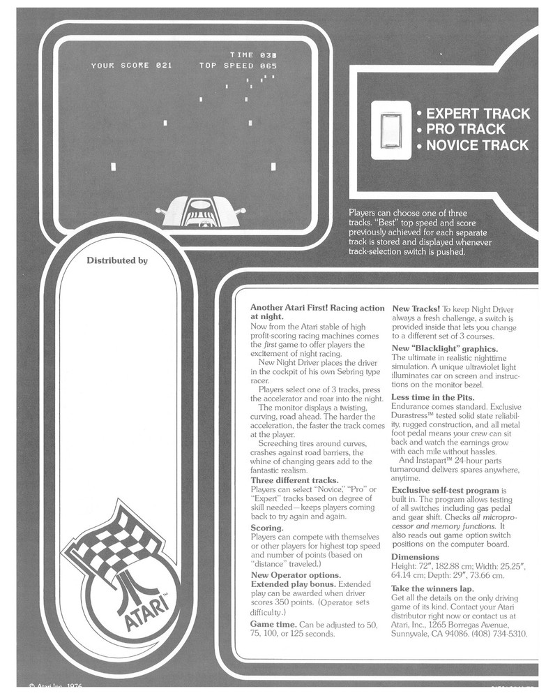 Night Driver Atari Video Arcade Flyer / Brochure / Ad - Excellent