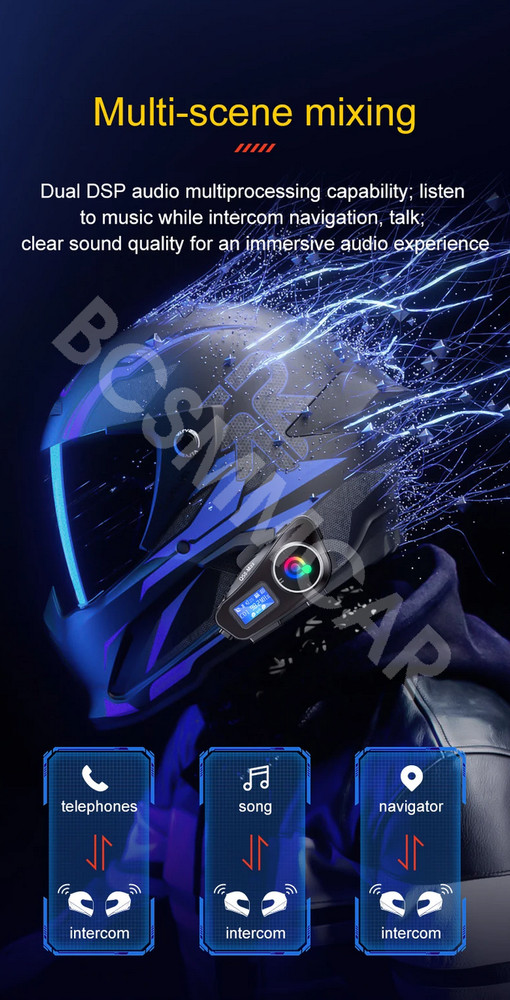 Motorcycle Bluetooth Intercom Helmet Headset Rider FM LCD Flashlight Waterproof