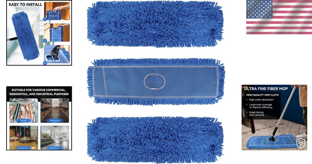 Dust Mop Head Replacement 24 Inch Blue Microfiber 3 Pack Commercial Sweeper
