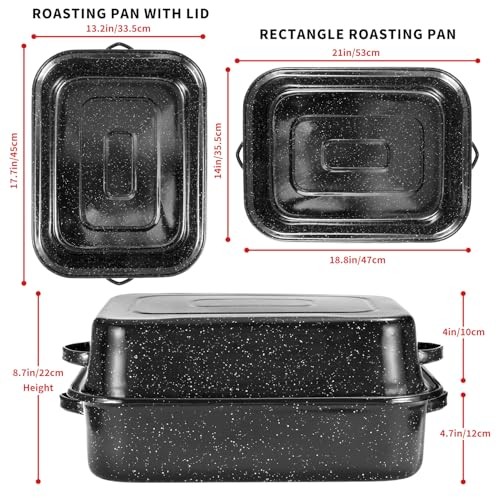 QPMR Roasting Pan with Rack, 21” Rectangular Granite Roaster Pan, 25lb