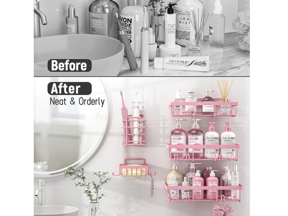 Pink Shower Caddy 5-Pack: Adhesive, Rustproof Bathroom Storage & Decor Set