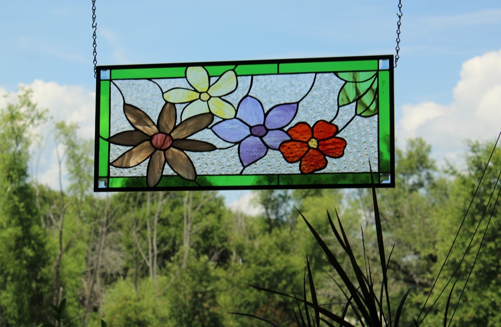 Flower Stained Glass Panel Window Hanging panel 24 1/2"x10 1/2"