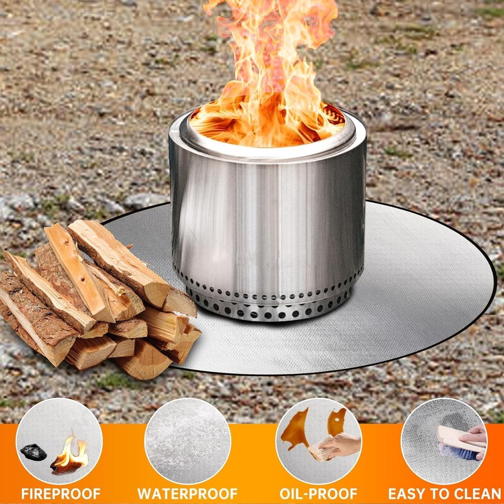 38" Round Fire Pit Mat - Double-Sided Fireproof & Waterproof, Black & Silver