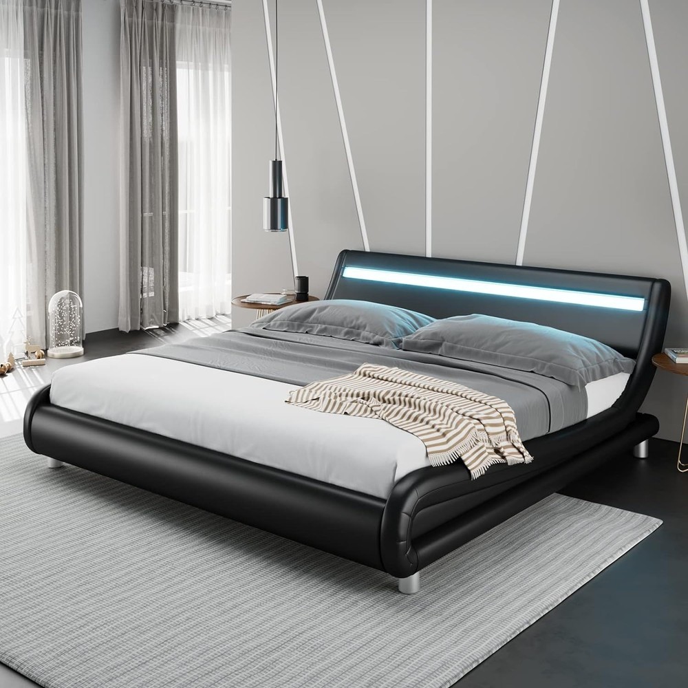Queen LED Bed Frame w/Headboard, Low Profile Platform Bed w/Strong Slats Support