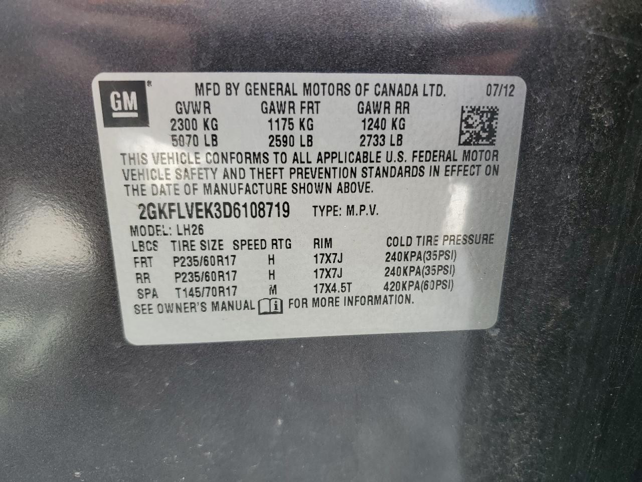 Used Rear Right Door Assembly Rear Side fits: 2013 Gmc Terrain w/privacy tint gl