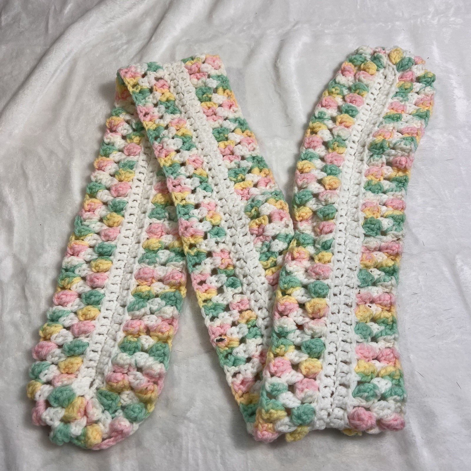 Vintage Crochet Pink Green Girls Scarf Winter 52” x 5”