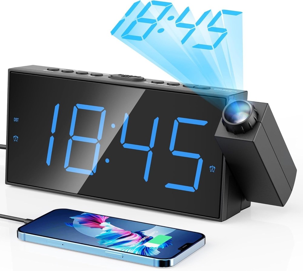 Adjustable Brightness Projection Clock with Snooze and Daylight Saving Functions