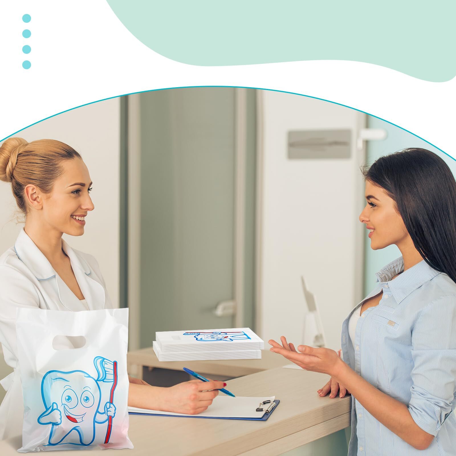 300 Pcs Tooth Merchandise Bags with Handles Plastic Dental Bags for Patients