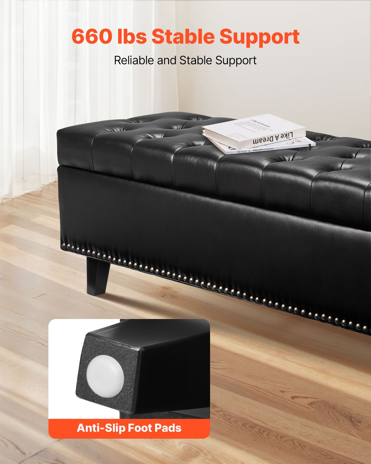 Uimoso Button-Tufted Storage Ottoman Bench PU Leather Bench with Wood Legs Black