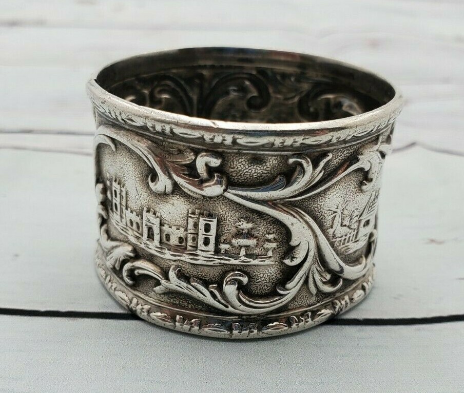 Sterling Silver napkin ring, town and city views, Mono