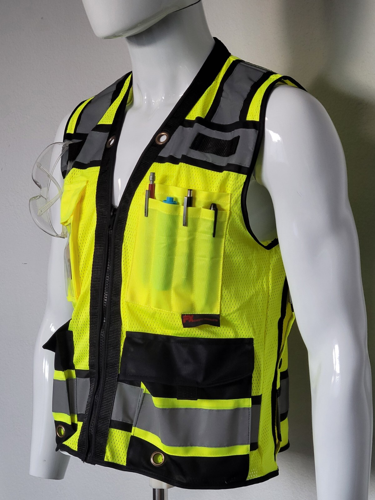 FX Green Surveyors Safety Vest with Zipper, Large Plan Pocket