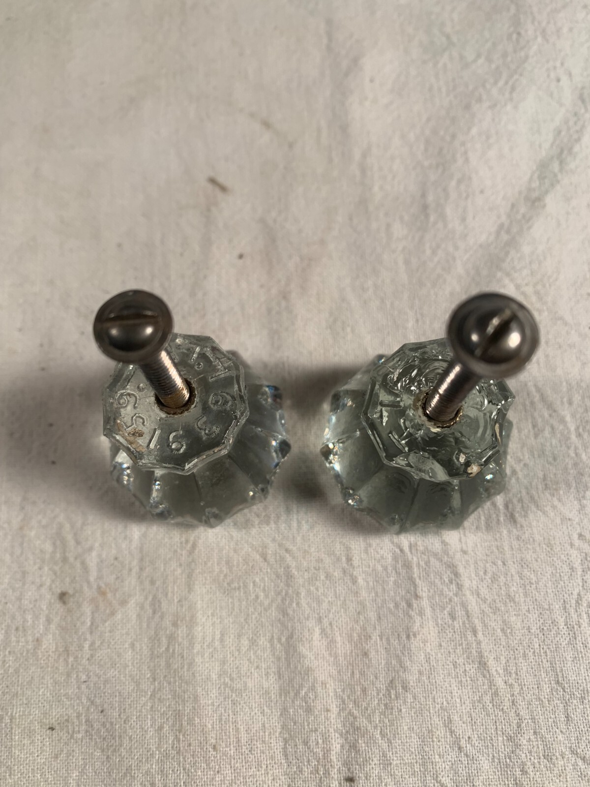 Vintage pair Glass0 Faceted Knobs 1&1/2in wide complete w/ mounting Bolt c1890s