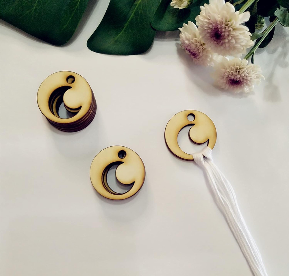 Real Wood Thread Drops, Wooden round Thread Drop with Crescent Moon, Thread Drop
