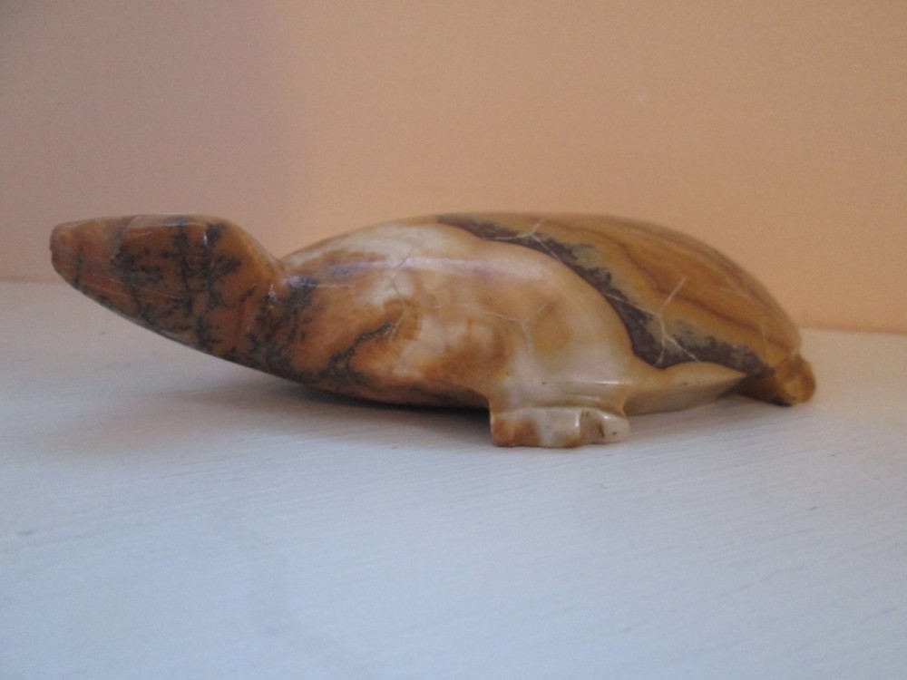 Solid Stone Turtle Figurine Hand Carved 6" Long