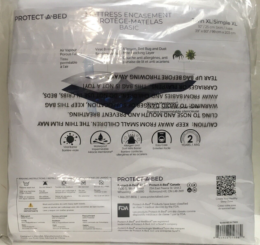 Protect-A-Bed Basic Mattress Protector Twin XL Waterproof Allergen Dust Barrier