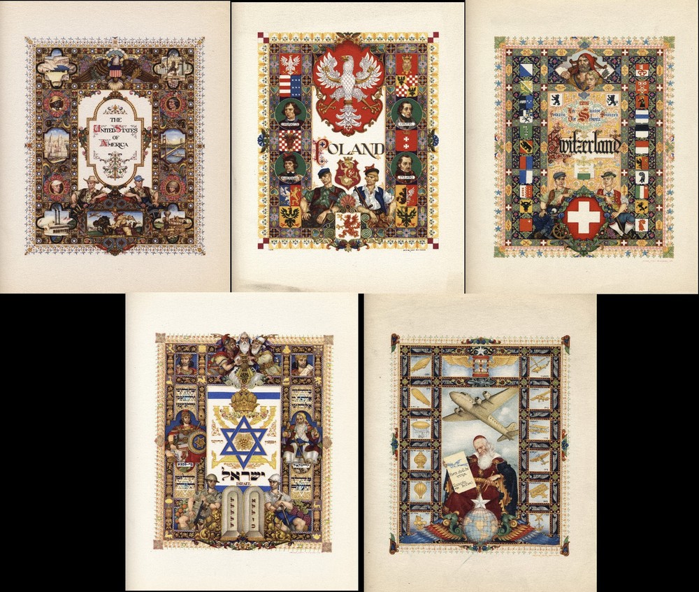 Arthur Szyk 1947 K Bileski Stamp Album Title Front Pages Lot of 5 Countries