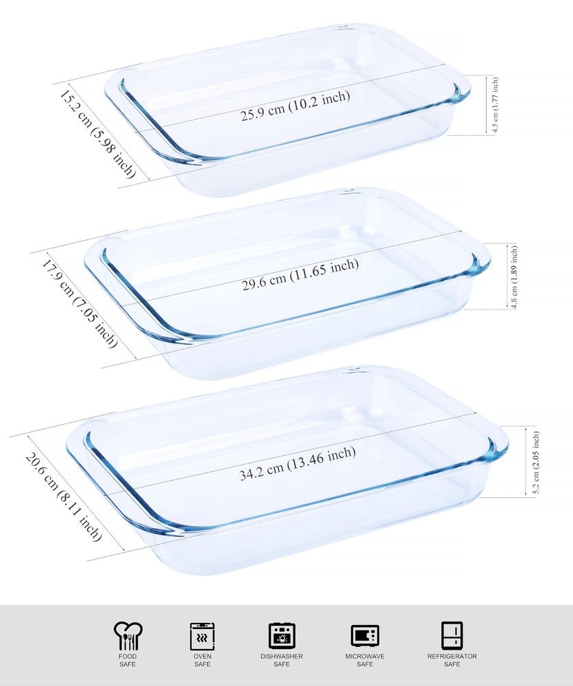 Set of 3 Basic Rectangular Tempered Glass Bakeware Baking Dishes Pan - 1L 1.5L