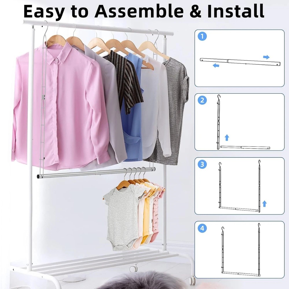 Closet Hanging Rod, Width and Height Adjustable 17-29"(Single), Silver