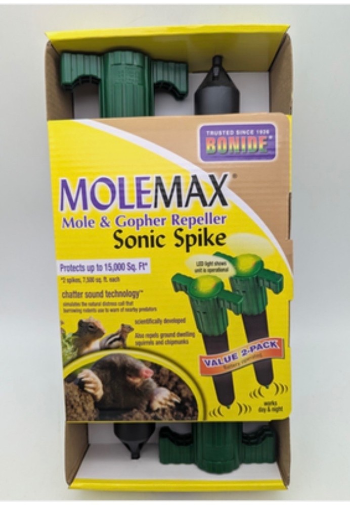 2 Bonide MoleMax Mole & Gopher Repeller Sonic Spike Battery Operated 7500sqft EA