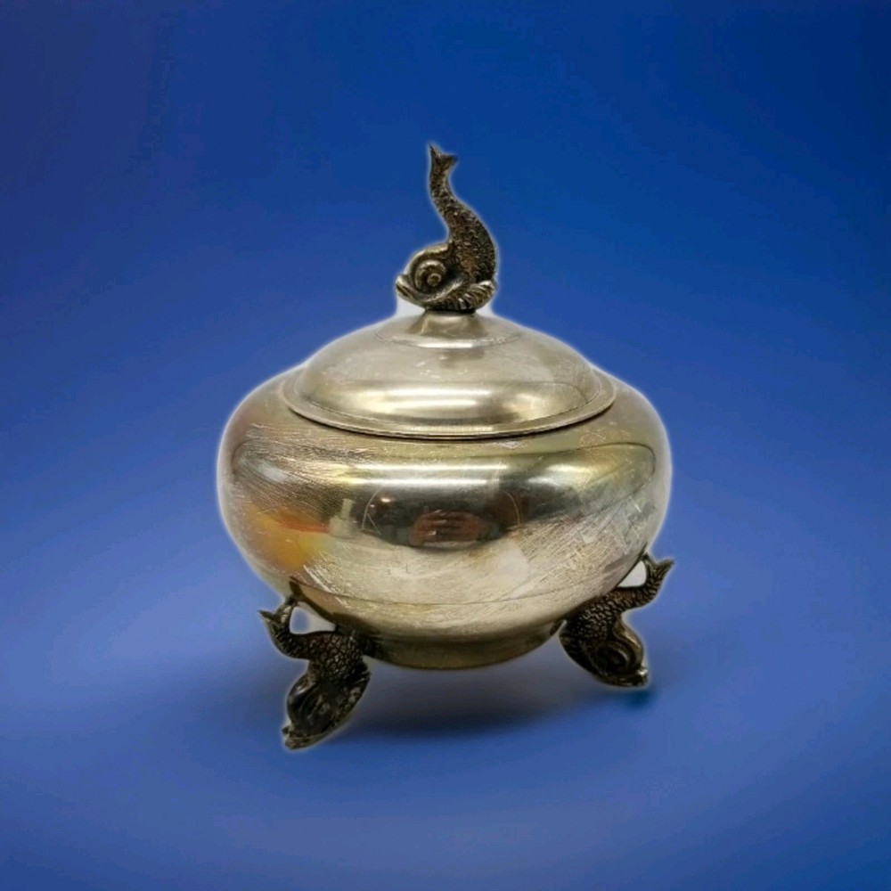 Vintage Elegant Tea Caddy/Covered Candy Dish Koi Final & Feet Silverplate MCM