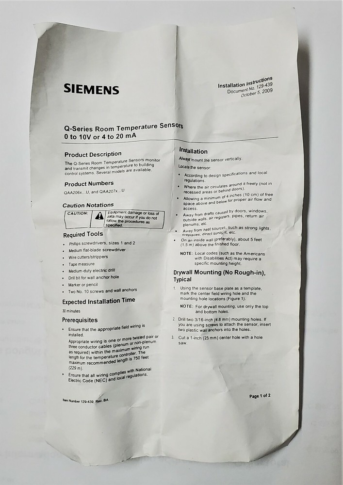 Siemens QAA2072.FWU Room Sensor