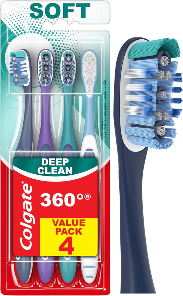 360 Deep Clean Soft Toothbrush for 4 in 1 Bacterial Removal, Features Floss Tip