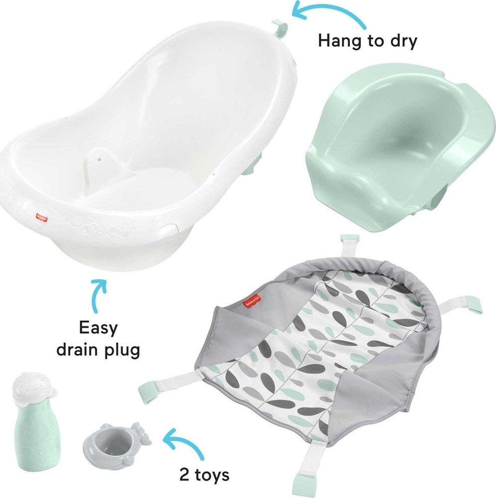 Fisher-Price Baby to Toddler Bath 4-in-1 Slingn Seat Tub 2 Toys Climbing Leaves