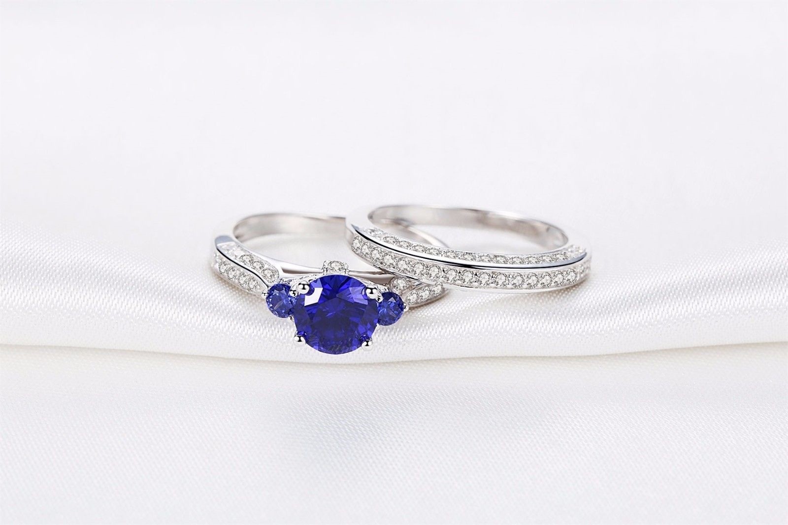 Womens Blue Sapphire Vintage Sterling Silver Bridal Wedding Engagement Ring Set