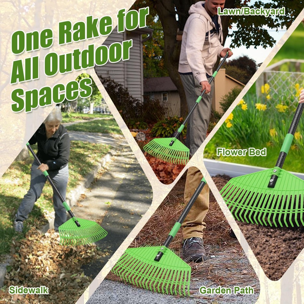 Plastic Leaf Rake with Adjustable 65'' Handle - Lightweight Outdoor green