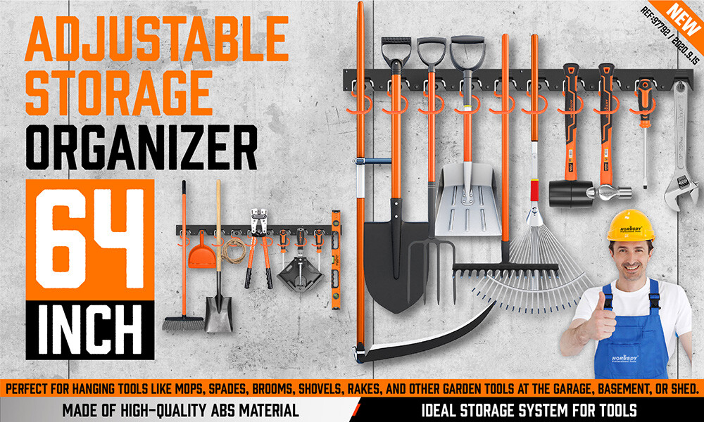 64 Inch Garage Tool Organizer Wall Mount Hooks Adjustable Storage Holders Garden