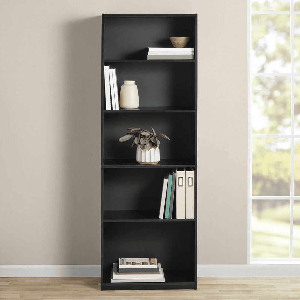 Five-shelf bookcase with adjustable shelves, solid black oak