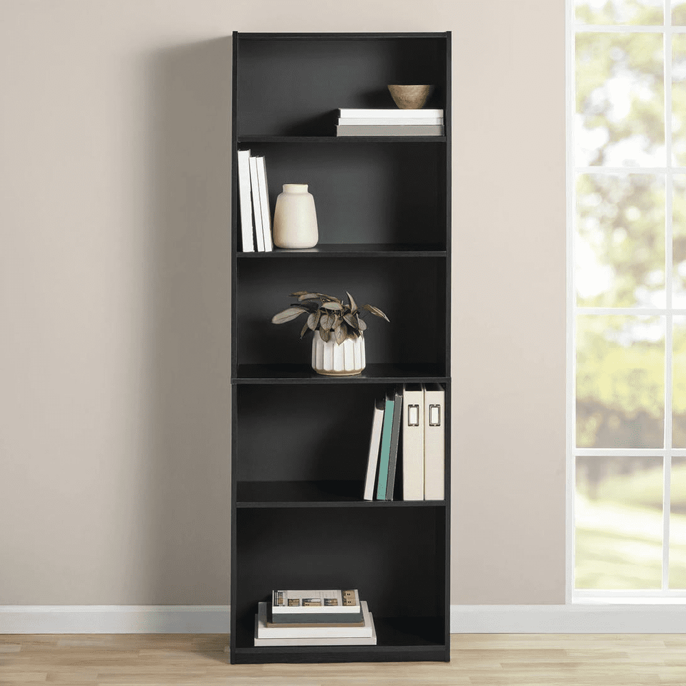 Five-shelf bookcase with adjustable shelves, solid black oak