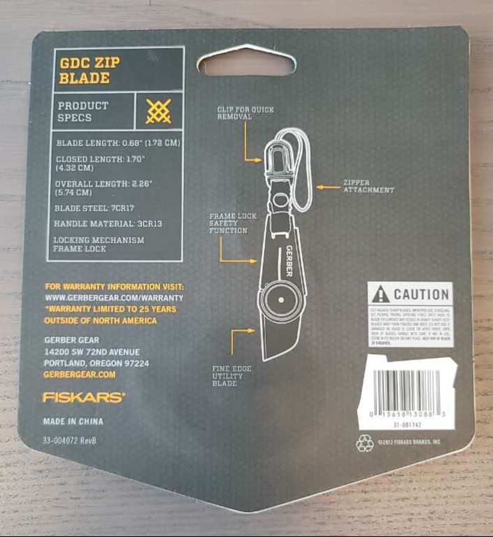 GERBER GDC Zip Blade Knife - Attaches to Zipper Pull Tab with Locking Blade