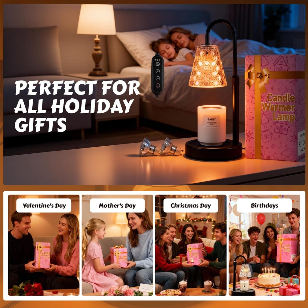 Candle Warmer Lamp with Timer Dimmable, Adjustable Height - Includes 2 Bulbs
