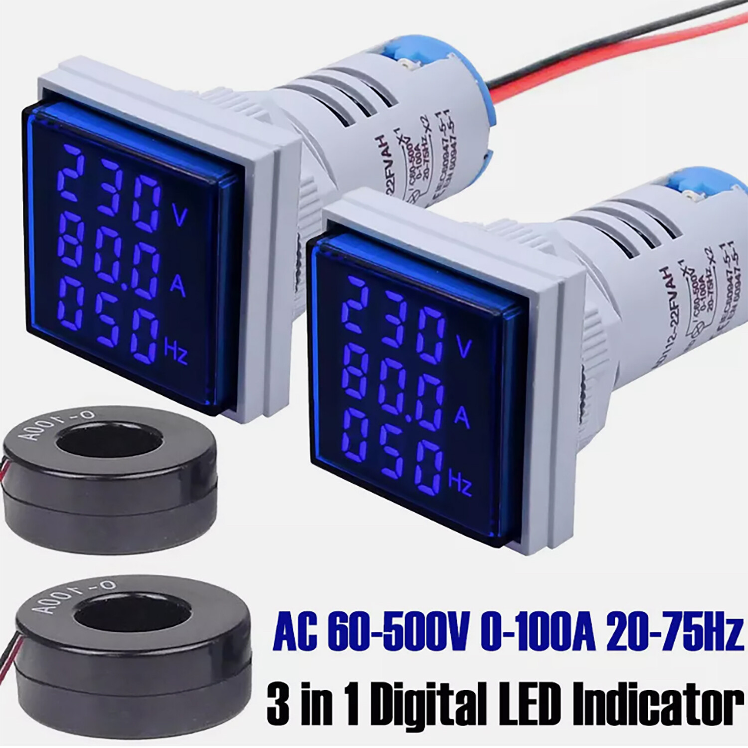 2PC 3-in-1 22mm Digital LED Indicator AC 60-500V 0-100A Volt Amp Frequency Meter