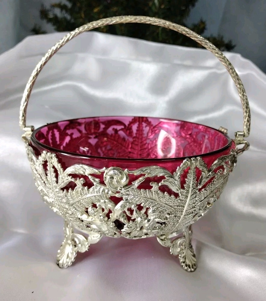 Antique Silver Plated Mint Basket With Cranberry Glass Bowl