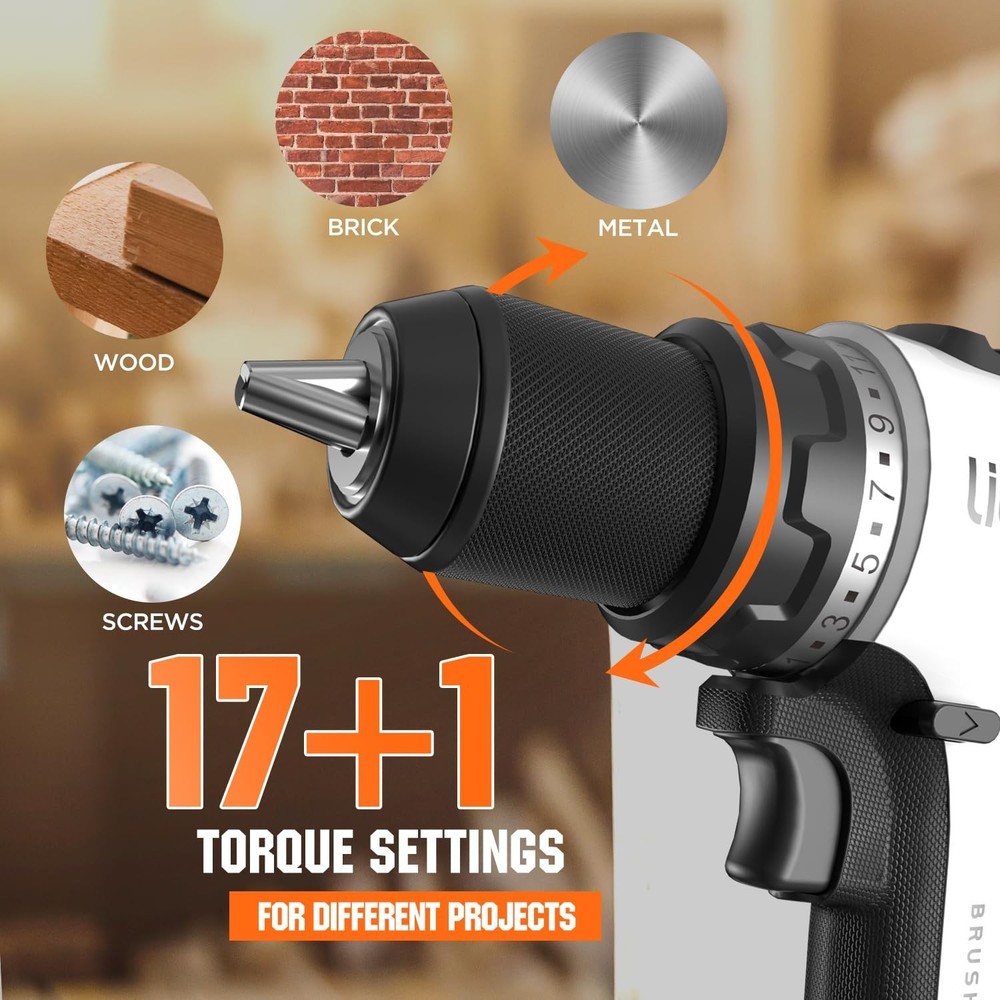 Litheli 20V Cordless Drill Driver, Brushless Power Drill with 2 Variable Spee...