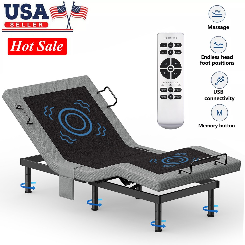 Split King Electirc Adjustable Bed Frame Base With Massage Remote USB Twin XL