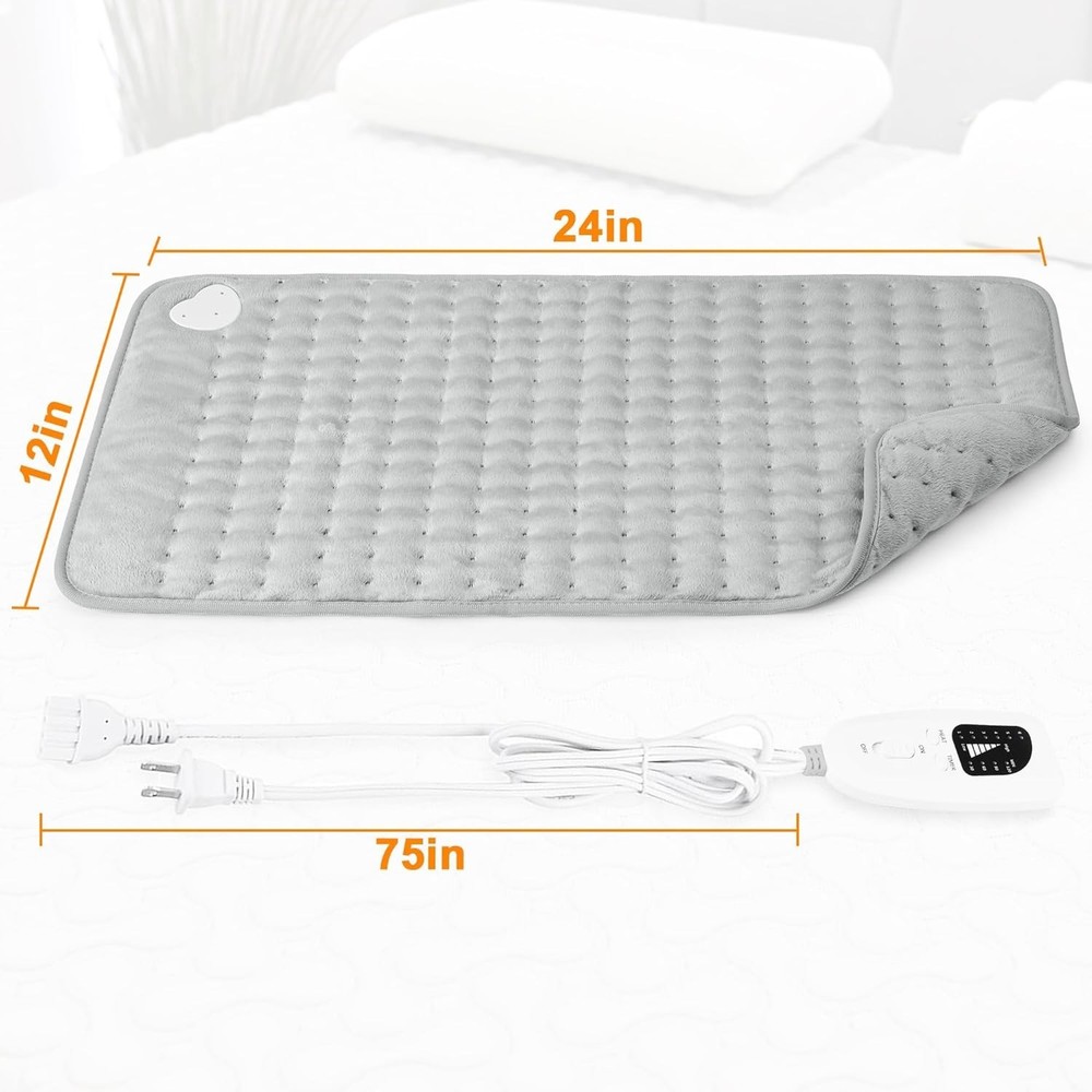 Versatile Electric Heating Pad - 6 Temp Settings, Machine Washable - Light Gray